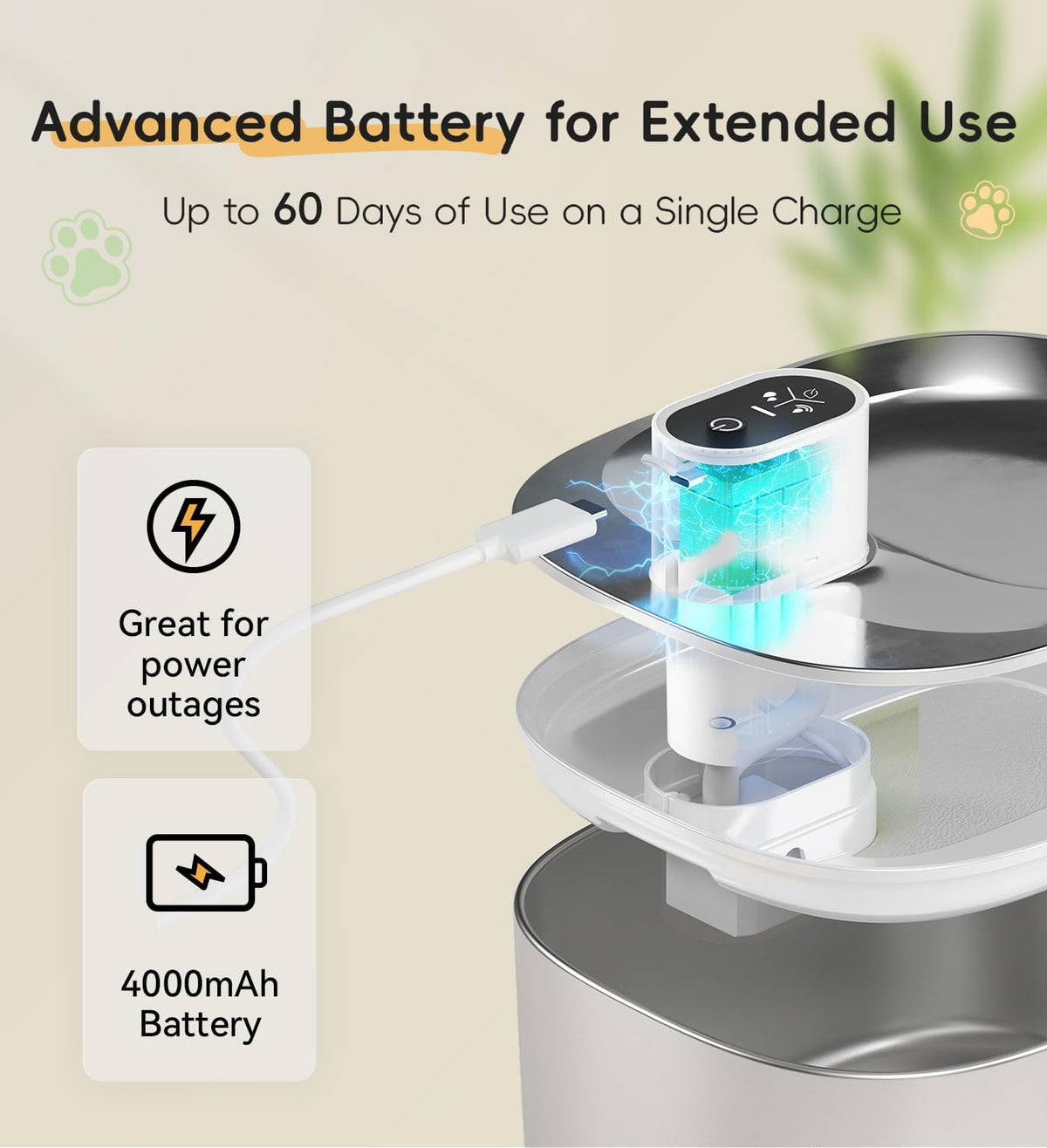 Cordless cat fountain battery and charging
