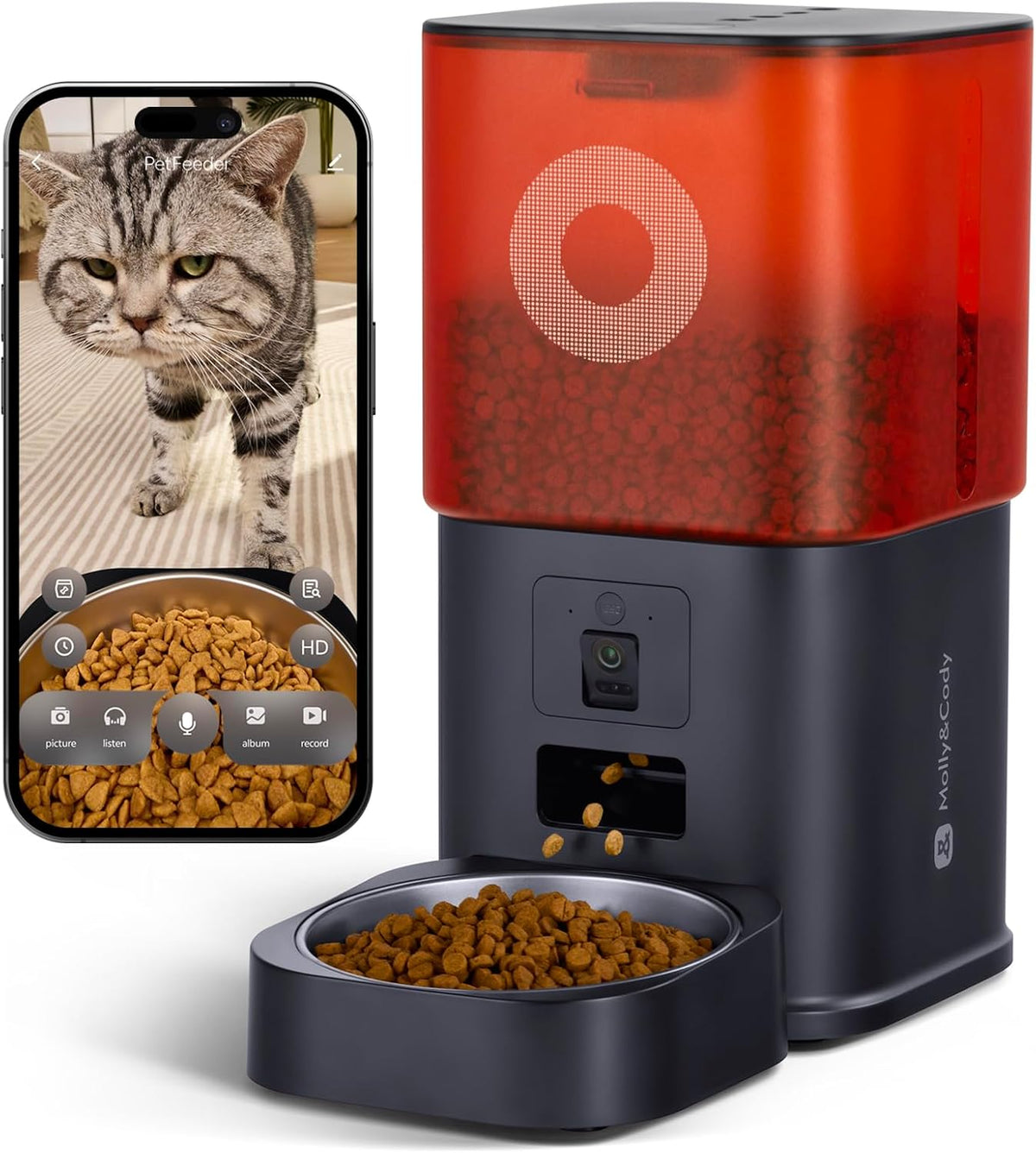 Automatic Cat Feeder with Camera: 6L Automatic Dog Feeder with 2-Way Audio Night Vision Dual Power Supply App Control 2.4G Wifi, Timed Auto Cat Food Dispenser with Stainless Steel Bowl(Black)
