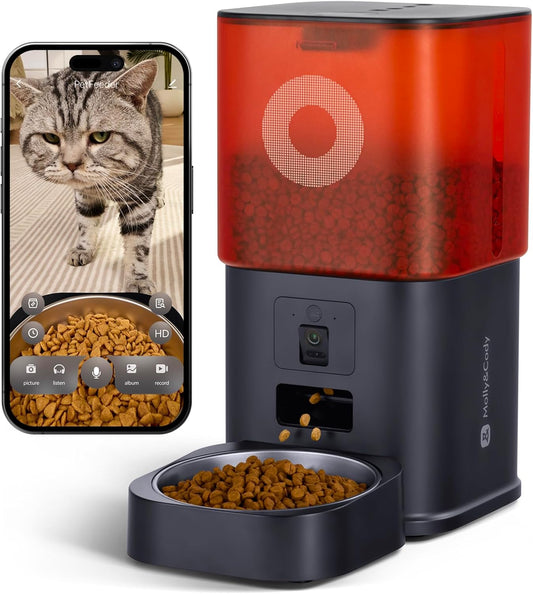 Automatic Cat Feeder with Camera: 6L Automatic Dog Feeder with 2-Way Audio Night Vision Dual Power Supply App Control 2.4G Wifi, Timed Auto Cat Food Dispenser with Stainless Steel Bowl(Black)