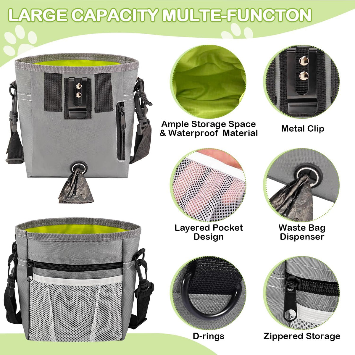 Dog Treat Pouch for Training -6 PCS Dog Training Treat Bag with Clicker, Poop Bag Dispenser, Whistle, Collapsible Bowl, Silicone Pouch, Adjustable Waist Pack for Dog Walk, Park, Outdoor Charcoal Gray